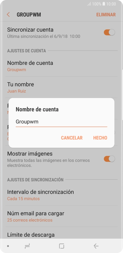Introduce el nombre deseado de la cuenta de correo electrónico y pulsa HECHO. Introduce el nombre deseado de la cuenta de correo electrónico y pulsa HECHO.