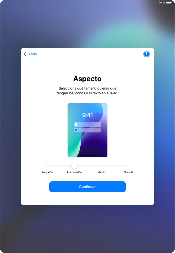 Selecciona el tamaño de letra y de los iconos que debe tener la tablet y pulsa Continuar. Selecciona el tamaño de letra y de los iconos que debe tener la tablet y pulsa Continuar.