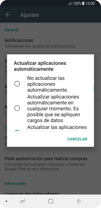Para desactivar la actualización automática de apps, pulsa No actualizar las aplicaciones automáticamente.. Para desactivar la actualización automática de apps, pulsa No actualizar las aplicaciones automáticamente..