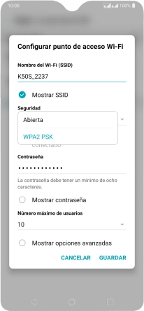 Pulsa WPA2 PSK para proteger la conexión wifi con una contraseña. Pulsa WPA2 PSK para proteger la conexión wifi con una contraseña.