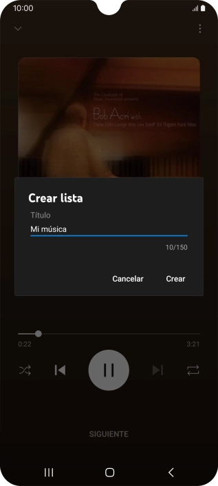 Introduce el nombre deseado de la lista de reproducción y pulsa Crear. Introduce el nombre deseado de la lista de reproducción y pulsa Crear.