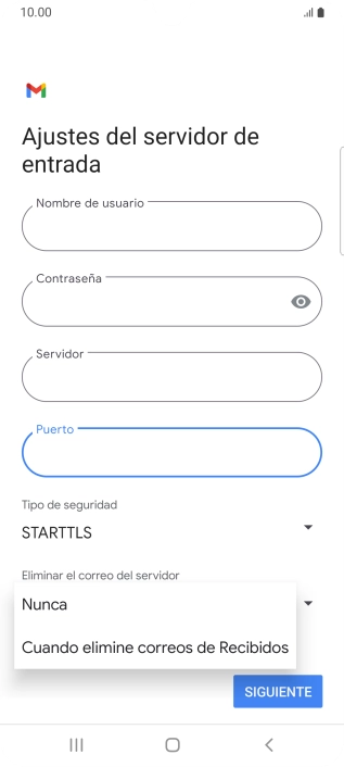 Pulsa Nunca para conservar los correos electrónicos en el servidor cuando los borras del teléfono. Pulsa Nunca para conservar los correos electrónicos en el servidor cuando los borras del teléfono.