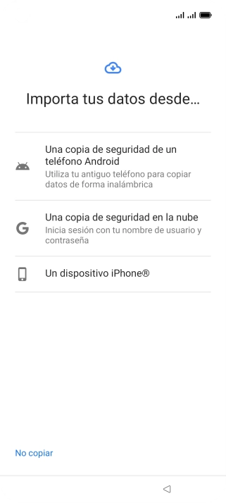 Pulsa el ajuste deseado y sigue las instrucciones de la pantalla para transferir el contenido del otro teléfono. Pulsa el ajuste deseado y sigue las instrucciones de la pantalla para transferir el contenido del otro teléfono.
