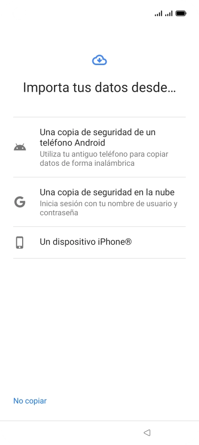 Pulsa el ajuste deseado y sigue las instrucciones de la pantalla para transferir el contenido del otro teléfono. Pulsa el ajuste deseado y sigue las instrucciones de la pantalla para transferir el contenido del otro teléfono.