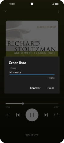 Introduce el nombre deseado de la lista de reproducción y pulsa Crear. Introduce el nombre deseado de la lista de reproducción y pulsa Crear.