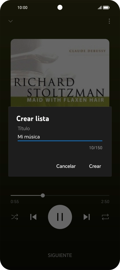 Introduce el nombre deseado de la lista de reproducción y pulsa Crear. Introduce el nombre deseado de la lista de reproducción y pulsa Crear.