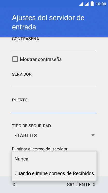 Pulsa Nunca para conservar los correos electrónicos en el servidor cuando los borras del teléfono. Pulsa Nunca para conservar los correos electrónicos en el servidor cuando los borras del teléfono.