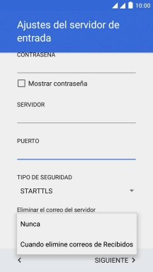 Pulsa Nunca para conservar los correos electrónicos en el servidor cuando los borras del teléfono. Pulsa Nunca para conservar los correos electrónicos en el servidor cuando los borras del teléfono.