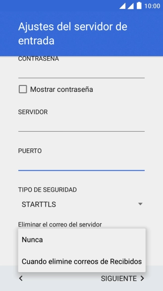 Pulsa Nunca para conservar los correos electrónicos en el servidor cuando los borras del teléfono. Pulsa Nunca para conservar los correos electrónicos en el servidor cuando los borras del teléfono.