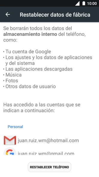 Pulsa RESTABLECER TELÉFONO. Pulsa RESTABLECER TELÉFONO.