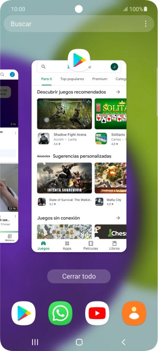 Para cerrar una sola aplicación en ejecución, desliza el dedo hacia arriba sobre la aplicación deseada. Para cerrar una sola aplicación en ejecución, desliza el dedo hacia arriba sobre la aplicación deseada.
