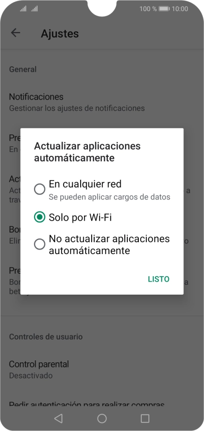 Para activar la actualización automática de apps utilizando la red móvil, pulsa En cualquier red. Para activar la actualización automática de apps utilizando la red móvil, pulsa En cualquier red.