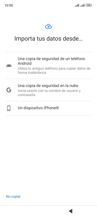 Pulsa la opción deseada y sigue las indicaciones de la pantalla para transferir contenido desde el otro teléfono y finalizar la activación de tu teléfono. Pulsa la opción deseada y sigue las indicaciones de la pantalla para transferir contenido desde el otro teléfono y finalizar la activación de tu teléfono.