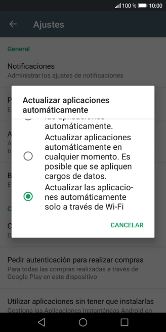 Para activar la actualización automática de apps a través de wifi, pulsa Actualizar las aplicaciones automáticamente solo a través de Wi-Fi.. Para activar la actualización automática de apps a través de wifi, pulsa Actualizar las aplicaciones automáticamente solo a través de Wi-Fi..