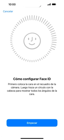 Pulsa Empezar y sigue las indicaciones de la pantalla para crear un código de seguridad con la función de reconocimiento facial (Face ID). Pulsa Empezar y sigue las indicaciones de la pantalla para crear un código de seguridad con la función de reconocimiento facial (Face ID).