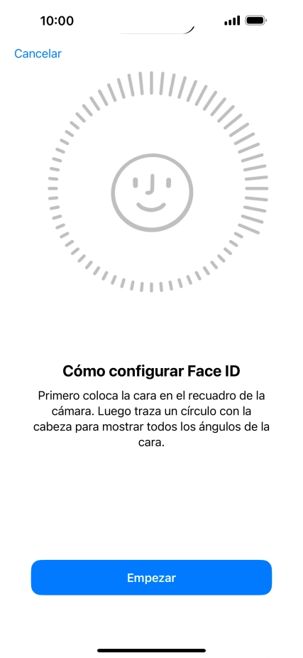 Pulsa Empezar y sigue las indicaciones de la pantalla para crear un código de seguridad con la función de reconocimiento facial (Face ID). Pulsa Empezar y sigue las indicaciones de la pantalla para crear un código de seguridad con la función de reconocimiento facial (Face ID).
