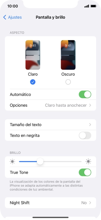 Si activas la función, pulsa Opciones y sigue las indicaciones de la pantalla para seleccionar el período de tiempo que debe durar el Modo Oscuro. Si activas la función, pulsa Opciones y sigue las indicaciones de la pantalla para seleccionar el período de tiempo que debe durar el Modo Oscuro.
