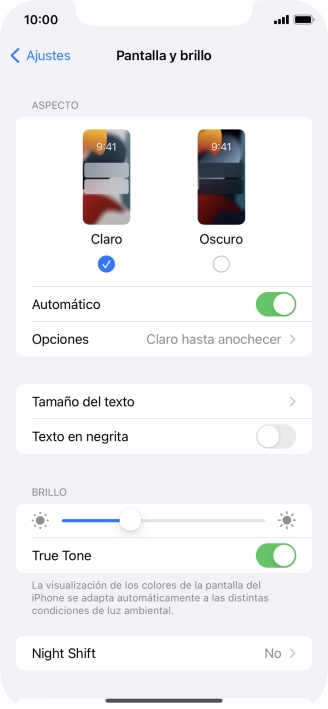 Si activas la función, pulsa Opciones y sigue las indicaciones de la pantalla para seleccionar el período de tiempo que debe durar el Modo Oscuro. Si activas la función, pulsa Opciones y sigue las indicaciones de la pantalla para seleccionar el período de tiempo que debe durar el Modo Oscuro.