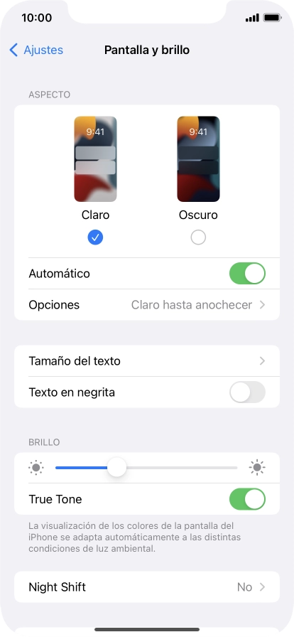 Si activas la función, pulsa Opciones y sigue las indicaciones de la pantalla para seleccionar el período de tiempo que debe durar el Modo Oscuro. Si activas la función, pulsa Opciones y sigue las indicaciones de la pantalla para seleccionar el período de tiempo que debe durar el Modo Oscuro.