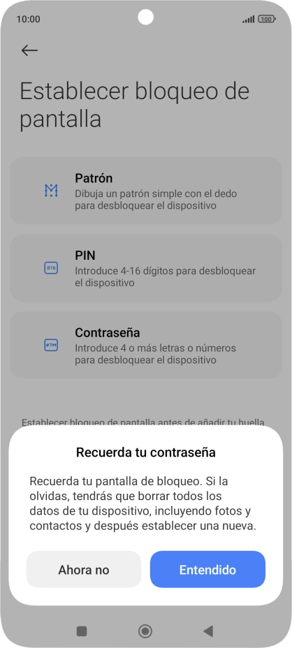 Pulsa Entendido y sigue las indicaciones de la pantalla para crear un código de seguridad del teléfono adicional. Pulsa Entendido y sigue las indicaciones de la pantalla para crear un código de seguridad del teléfono adicional.