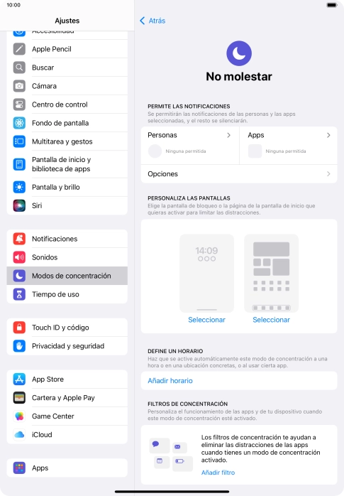 Pulsa Personas y sigue las indicaciones de la pantalla para seleccionar de qué contactos quieres recibir llamadas y notificaciones cuando No molestar está activado. Pulsa Personas y sigue las indicaciones de la pantalla para seleccionar de qué contactos quieres recibir llamadas y notificaciones cuando No molestar está activado.