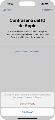Introduce la contraseña de tu ID de Apple y pulsa Borrar iPhone. Espera unos instantes mientras el teléfono restablece la configuración predeterminada. Sigue las indicaciones de la pantalla para configurar el teléfono y dejarlo listo para su uso.