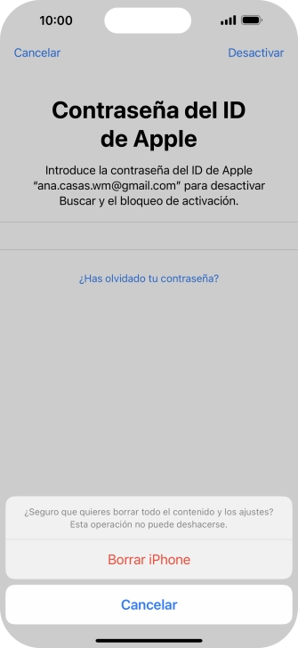 Introduce la contraseña de tu ID de Apple y pulsa Borrar iPhone. Espera unos instantes mientras el teléfono restablece la configuración predeterminada. Sigue las indicaciones de la pantalla para configurar el teléfono y dejarlo listo para su uso.