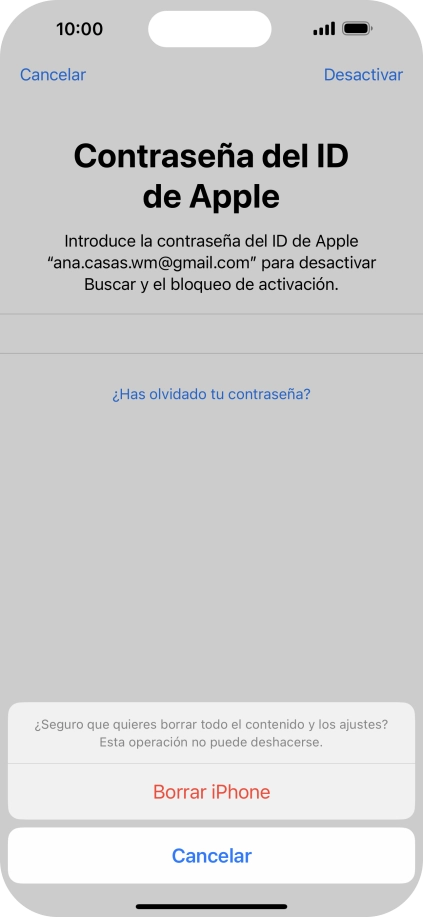 Introduce la contraseña de tu ID de Apple y pulsa Borrar iPhone. Espera unos instantes mientras el teléfono restablece la configuración predeterminada. Sigue las indicaciones de la pantalla para configurar el teléfono y dejarlo listo para su uso.