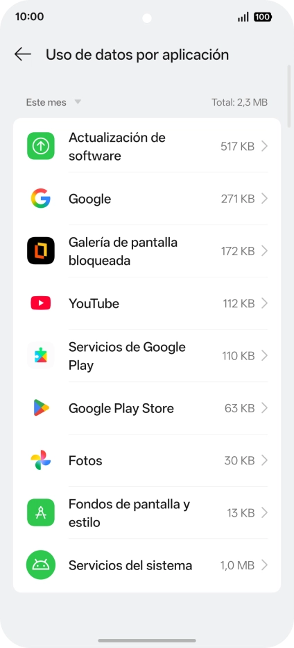 El consumo de datos por cada aplicación aparece bajo el nombre de la aplicación. El consumo de datos por cada aplicación aparece bajo el nombre de la aplicación.