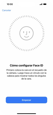 Pulsa Empezar y sigue las indicaciones de la pantalla para crear un código de seguridad con la función de reconocimiento facial (Face ID). Pulsa Empezar y sigue las indicaciones de la pantalla para crear un código de seguridad con la función de reconocimiento facial (Face ID).