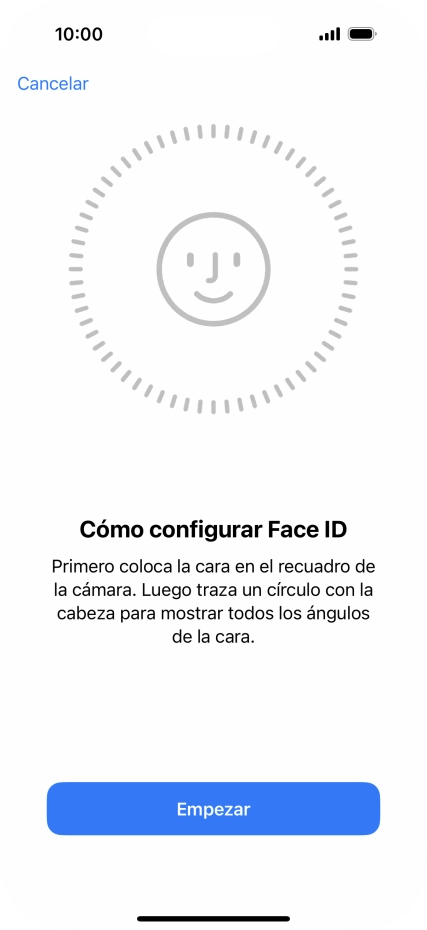 Pulsa Empezar y sigue las indicaciones de la pantalla para crear un código de seguridad con la función de reconocimiento facial (Face ID). Pulsa Empezar y sigue las indicaciones de la pantalla para crear un código de seguridad con la función de reconocimiento facial (Face ID).