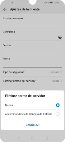 Pulsa Nunca para conservar los correos electrónicos en el servidor cuando los borras del teléfono. Pulsa Nunca para conservar los correos electrónicos en el servidor cuando los borras del teléfono.