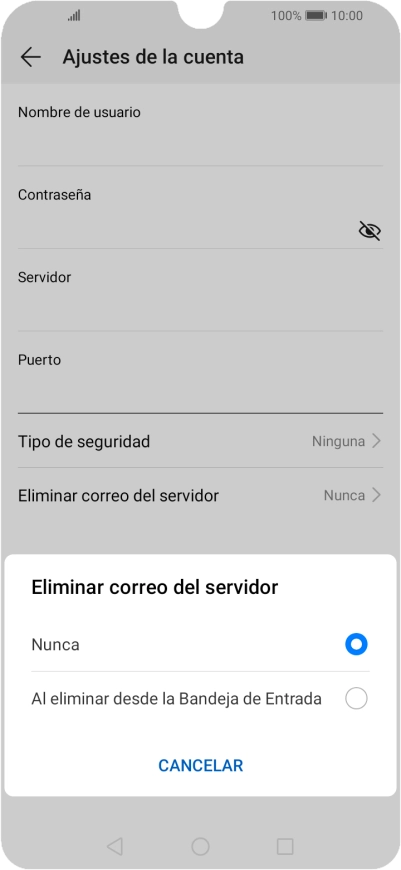 Pulsa Nunca para conservar los correos electrónicos en el servidor cuando los borras del teléfono. Pulsa Nunca para conservar los correos electrónicos en el servidor cuando los borras del teléfono.