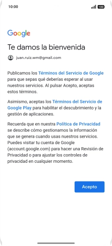 Pulsa Acepto y sigue las indicaciones de la pantalla para seleccionar los ajustes de tu cuenta de Google. Pulsa Acepto y sigue las indicaciones de la pantalla para seleccionar los ajustes de tu cuenta de Google.