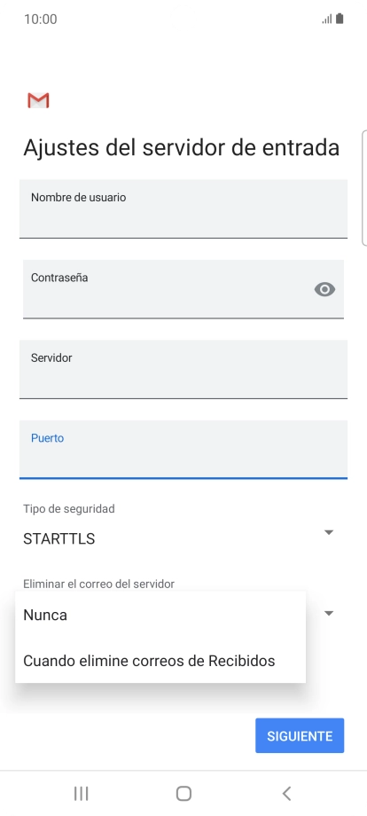 Pulsa Nunca para conservar los correos electrónicos en el servidor cuando los borras del teléfono. Pulsa Nunca para conservar los correos electrónicos en el servidor cuando los borras del teléfono.