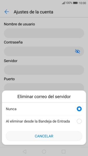 Pulsa Nunca para conservar los correos electrónicos en el servidor cuando los borras del teléfono. Pulsa Nunca para conservar los correos electrónicos en el servidor cuando los borras del teléfono.