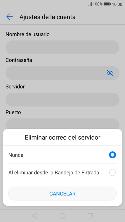 Pulsa Nunca para conservar los correos electrónicos en el servidor cuando los borras del teléfono. Pulsa Nunca para conservar los correos electrónicos en el servidor cuando los borras del teléfono.
