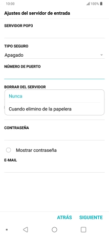 Pulsa Nunca para conservar los correos electrónicos en el servidor cuando los borras del teléfono. Pulsa Nunca para conservar los correos electrónicos en el servidor cuando los borras del teléfono.