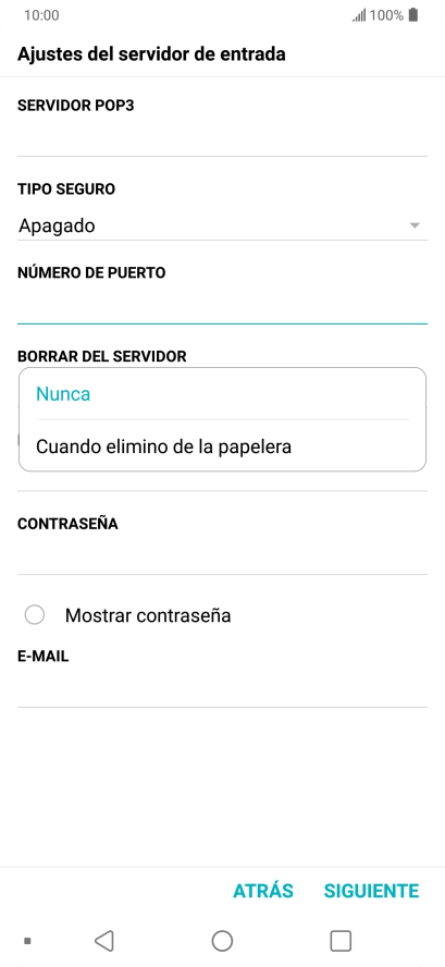 Pulsa Nunca para conservar los correos electrónicos en el servidor cuando los borras del teléfono. Pulsa Nunca para conservar los correos electrónicos en el servidor cuando los borras del teléfono.