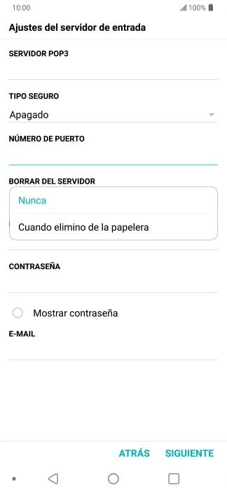 Pulsa Nunca para conservar los correos electrónicos en el servidor cuando los borras del teléfono. Pulsa Nunca para conservar los correos electrónicos en el servidor cuando los borras del teléfono.