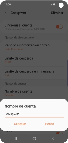 Introduce el nombre deseado de la cuenta de correo electrónico y pulsa Hecho. Introduce el nombre deseado de la cuenta de correo electrónico y pulsa Hecho.