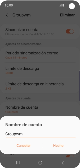 Introduce el nombre deseado de la cuenta de correo electrónico y pulsa Hecho. Introduce el nombre deseado de la cuenta de correo electrónico y pulsa Hecho.