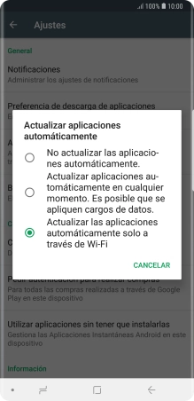 Para desactivar la actualización automática de apps, pulsa No actualizar las aplicaciones automáticamente.. Para desactivar la actualización automática de apps, pulsa No actualizar las aplicaciones automáticamente..