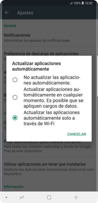 Para desactivar la actualización automática de apps, pulsa No actualizar las aplicaciones automáticamente.. Para desactivar la actualización automática de apps, pulsa No actualizar las aplicaciones automáticamente..