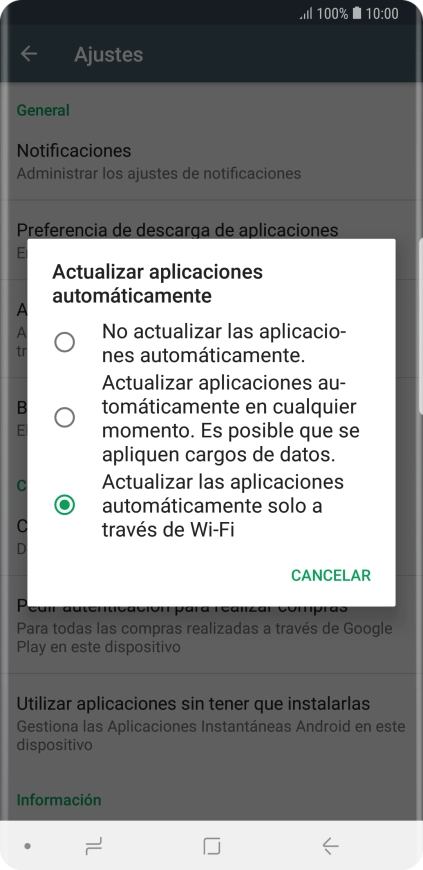 Para desactivar la actualización automática de apps, pulsa No actualizar las aplicaciones automáticamente.. Para desactivar la actualización automática de apps, pulsa No actualizar las aplicaciones automáticamente..