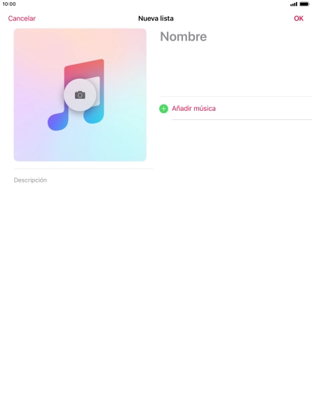 Pulsa en el campo de escritura e introduce el nombre de la lista de reproducción. Pulsa en el campo de escritura e introduce el nombre de la lista de reproducción.