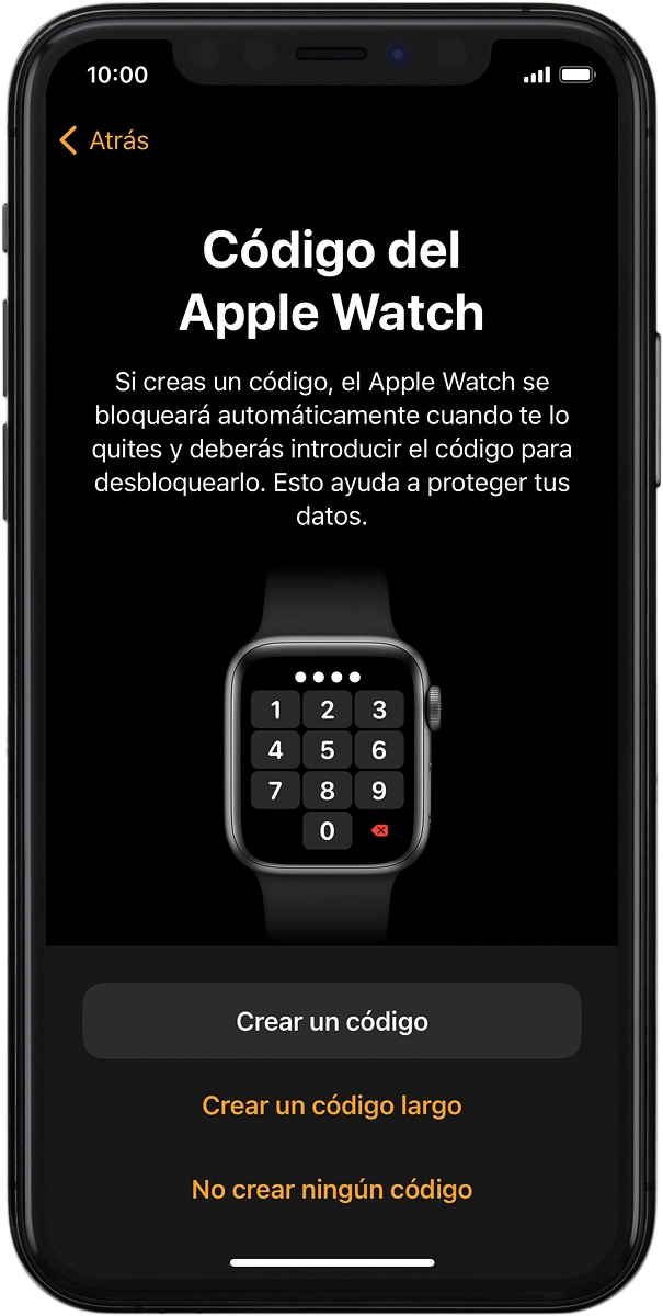 En el teléfono: Sigue las indicaciones de la pantalla para activar el uso del código de seguridad o pulsa No crear ningún código.