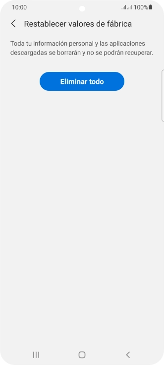 Pulsa Eliminar todo. Espera unos instantes mientras el teléfono restablece la configuración predeterminada. Sigue las indicaciones de la pantalla para configurar el teléfono y dejarlo listo para su uso. Pulsa Eliminar todo. Espera unos instantes mientras el teléfono restablece la configuración predeterminada. Sigue las indicaciones de la pantalla para configurar el teléfono y dejarlo listo para su uso.