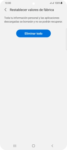Pulsa Eliminar todo. Espera unos instantes mientras el teléfono restablece la configuración predeterminada. Sigue las indicaciones de la pantalla para configurar el teléfono y dejarlo listo para su uso. Pulsa Eliminar todo. Espera unos instantes mientras el teléfono restablece la configuración predeterminada. Sigue las indicaciones de la pantalla para configurar el teléfono y dejarlo listo para su uso.