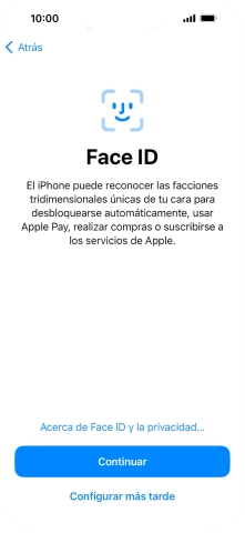 Sigue las indicaciones de la pantalla para activar el uso del reconocimiento facial (Face ID) o pulsa Configurar más tarde. Sigue las indicaciones de la pantalla para activar el uso del reconocimiento facial (Face ID) o pulsa Configurar más tarde.